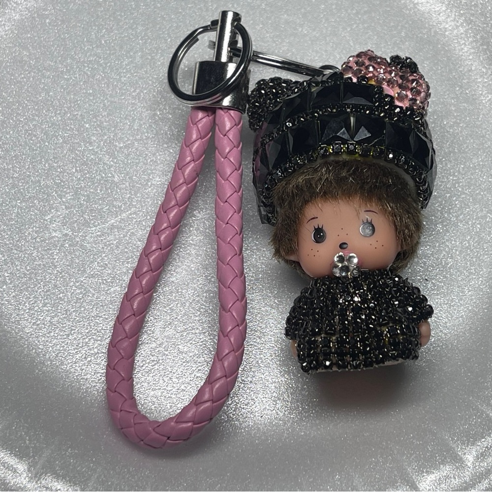 Black Bejeweled rhinestone Monchichi purse backpack bag charm Keychain. - Picture 2 of 5